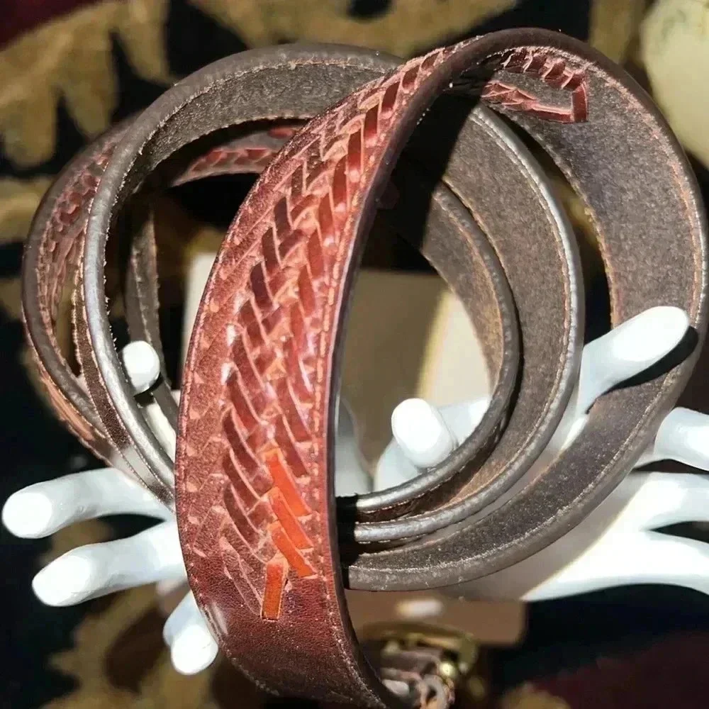 Men’s Brown Leather Braided Solid Belt with Solid Brass Buckle Size 42